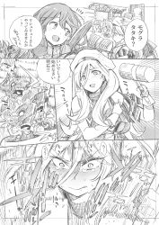  4girls absurdres abyssal_ship akashi_(kancolle) beret blush breasts comic commentary_request dress greyscale hair_between_eyes hammer hat highres holding inazuma_(kancolle) kantai_collection kojima_takeshi large_breasts long_hair mallet mole mole_under_eye mole_under_mouth monochrome multiple_girls open_mouth pt_imp_group richelieu_(kancolle) scarf shimakaze_(kancolle) tears translation_request whac-a-mole 