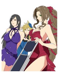  1boy 2girls absurdres aerith_gainsborough aerith_gainsborough_(red_dress) aqua_eyes backless_dress backless_outfit bare_arms black_hair blonde_hair blue_dress braid breasts brown_eyes brown_hair chair choker cleavage cloud_strife crossdressing dress final_fantasy final_fantasy_vii final_fantasy_vii_remake flamenco_dress flower folding_chair green_eyes hair_flower hair_ornament hair_ribbon highres holding_chair igusaharu jewelry large_breasts long_dress long_hair medium_breasts multiple_girls necklace official_alternate_costume ponytail red_dress ribbon ribbon_choker short_dress spiked_hair square_enix strapless strapless_dress tifa_lockhart tifa_lockhart_(refined_dress) twin_braids upper_body wall_market white_background  rating:Sensitive score:46 user:danbooru