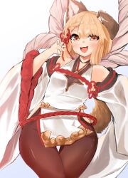  1girl absurdres animal_ears bare_shoulders blonde_hair breasts brown_eyes collarbone cowboy_shot dark_skin detached_sleeves dog_ears dog_girl dog_tail erune granblue_fantasy hair_ornament highres hip_vent nontraditional_miko open_mouth pantyhose paw_pose short_hair small_breasts smile solo tail tassel tassel_hair_ornament vajra_(granblue_fantasy) wide_hips wide_sleeves yukibi_shirube 