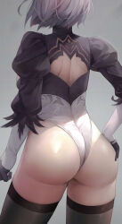  absurdres ass back back_cutout black_thighhighs clothing_cutout feather-trimmed_sleeves from_behind gloves hand_on_own_hip highres juliet_sleeves leotard long_sleeves nier:automata nier_(series) puffy_sleeves short_hair simple_background thighhighs thong_leotard white_hair white_leotard xiangping_saguo 2b_(nier:automata)  rating:Sensitive score:74 user:danbooru