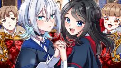  2boys 2girls :d black_hair brown_hair character_request copyright_request fuyuko_oogami holding_hands maoutohime multiple_boys multiple_girls open_mouth school_uniform silver_hair smile sparkle wolf-chan_wa_sumashitai yousuke_makiba 