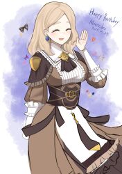  1girl ascot blonde_hair brown_ascot brown_dress character_name closed_eyes commentary_request cupcake dated dress earrings eyelashes fire_emblem fire_emblem:_three_houses fire_emblem_warriors:_three_hopes food happy_birthday heart highres jewelry long_sleeves medium_hair mercedes_von_martritz nintendo official_alternate_costume official_alternate_hairstyle open_mouth otokajife solo 