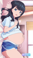  1girl bed black_hair grabbing_another&#039;s_breast gridman_universe highres lying navel on_back outie_navel pregnant shorts solo ssss.gridman tagme takarada_rikka  rating:Sensitive score:56 user:Willvoy