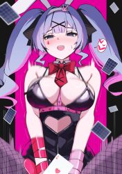  1girl ace_(playing_card) ace_of_hearts animal_ears bare_shoulders black_leotard black_ribbon blue_eyes blue_hair blunt_bangs blush bouncing_breasts bow bowtie breasts card chest_harness cleavage clothing_cutout commentary_request cutout_above_navel detached_collar fake_animal_ears fishnet_pantyhose fishnets hair_ornament hair_ribbon hairband harness hatsune_miku heart heart-shaped_pupils heart_cutout highres implied_sex large_breasts leotard long_hair motion_lines multicolored_hair necktie pantyhose pink_background pink_hair pink_pupils pink_ribbon playboy_bunny playing_card rabbit_ears rabbit_hair_ornament rabbit_hole_(vocaloid) red_bow red_bowtie red_necktie ribbon solo spaghetti_strap speech_bubble spoken_heart straddling streaked_hair symbol-shaped_pupils teardrop twintails two-tone_hair vocaloid wabimochi white_hairband x_hair_ornament 