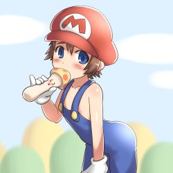  1boy aaaa_(quad-a) bad_id bad_pixiv_id bent_over blue_eyes blush brown_hair gloves hat highres looking_at_viewer male_focus mario mario_(series) mushroom naked_overalls nintendo overalls pinky_out sexually_suggestive shota solo super_mushroom  rating:Questionable score:80 user:danbooru