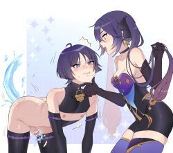 1boy 1girl absurdres ass black_gloves black_sleeves black_thighhighs blush bodysuit breasts doggystyle earrings femdom genshin_impact gift_art gloves green_eyes highres jewelry long_hair medium_breasts mona_(genshin_impact) nipples penis purple_eyes purple_hair scaramouche_(genshin_impact) second-party_source sex sex_from_behind short_hair taka_(hahihos) thighhighs thighs twintails wanderer_(genshin_impact) rating:Explicit score:57 user:danbooru