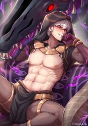 1boy abs absurdres aura bare_pectorals collarbone commentary dark_aura dark_persona dragon english_commentary evil_grin evil_smile evomanaphy fire_emblem fire_emblem_awakening gloves glowing glowing_eyes grey_hair grima_(fire_emblem) grin hair_between_eyes half-closed_eyes highres hood hood_up leaning_back loincloth male_focus muscular muscular_male navel nintendo pantyhose pectorals pelvic_curtain red_eyes short_hair shrug_(clothing) sitting slit_pupils smile spread_legs stomach torn_clothes wizard rating:Questionable score:20 user:danbooru
