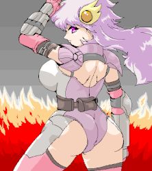1girl aliasing ass breasts contra contra:_shattered_soldier cosplay fire large_breasts long_hair lowres lucia lucia_(contra) lucia_(contra)_(cosplay) lucia_(cosplay) purple_eyes purple_hair rf_(aruehu) solo