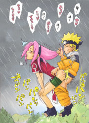  1boy 1girl bent_over bike_shorts bike_shorts_pull blonde_hair breasts child_on_child closed_eyes clothed_sex clothes_pull doggystyle grabbing_another&#039;s_hair hands_on_own_knees haruno_sakura hetero loli long_hair naruto naruto_(series) open_mouth pants pants_pull pink_hair rain sex sex_from_behind shota small_breasts standing sunahara_wataru text_focus tongue tongue_out translated uzumaki_naruto vaginal  rating:Explicit score:195 user:Anonymous