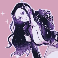  1girl 26_tgw breasts close-up cropped_jacket dated earphones eyelashes gloves hand_on_own_shoulder jacket leather leather_jacket long_hair long_sleeves looking_at_viewer nico_robin one_piece purple_background sidelocks smile solo sparkle 