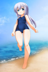  1girl :o bare_arms bare_legs bare_shoulders beach blue_eyes blue_hair blue_sky breasts cameltoe cleft_of_venus collarbone covered_erect_nipples covered_navel day from_below full_body gluteal_fold gochuumon_wa_usagi_desu_ka? hair_between_eyes hair_ornament highres kafuu_chino loli long_hair looking_at_viewer looking_down motonaga_hiroya ocean one-piece_swimsuit outdoors sky small_breasts solo standing standing_on_one_leg swimsuit walking water x_hair_ornament 