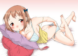  1girl :o ass barefoot bed_sheet blush bra breasts brown_eyes brown_hair camisole cellphone cleavage equal_(melomelopunch) feet hataraku_maou-sama! large_breasts lying on_stomach panties phone pillow sasaki_chiho scratching scratching_ass shiny_skin short_hair side-tie_panties side_ponytail skindentation solo striped_bra striped_clothes striped_panties toes underwear  rating:Questionable score:79 user:danbooru