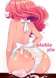 1girl apron ass back cutie_mark from_behind highres huge_ass icing long_hair loyproject my_little_pony my_little_pony:_friendship_is_magic nearly_naked_apron panties personification pink_hair pinkie_pie sexually_suggestive shiny_skin solo striped_clothes striped_panties suggestive_fluid underwear rating:Questionable score:241 user:danbooru