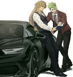 2boys achilles_(fate) black_car black_pants black_vest book brown_hair bugatti_chiron car chiron_(fate) collared_shirt curtained_hair dress_shirt dress_shoes fate/apocrypha fate_(series) green_hair jacket konoe_ototsugu long_hair long_sleeves low-tied_long_hair motor_vehicle multiple_boys necktie pants pointing shirt sports_car striped_clothes striped_jacket teacher_and_student vertical-striped_clothes vertical-striped_jacket vest watch white_shirt wristwatch