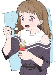  1girl :d black_dress blue_background blunt_bangs blush border braid brown_hair center-flap_bangs commentary dress food hashtag-only_commentary highres holding holding_ice_cream_cone holding_spoon ice_cream ice_cream_cone kachimachi_kosuzu link!_like!_love_live! liz_(piyoko_piyop) long_hair looking_at_food love_live! lower_teeth_only off_shoulder open_mouth outside_border pink_eyes shirt side_braids simple_background sleeveless sleeveless_shirt sleeves_past_elbows smile soft_serve solo spoon straight_hair teeth upper_body virtual_youtuber white_border white_shirt 