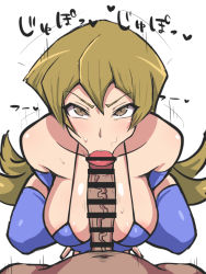  1boy 1girl :&gt;= angry bar_censor bikini blonde_hair blue_bikini bra breasts censored clothed_female_nude_male dd_(artist) dd_(giogio99) fellatio from_above glaring hetero highres huge_breasts interracial japanese_text kneeling large_penis long_hair looking_at_another looking_at_viewer looking_up motion_lines nude oral penis pov pov_crotch pubic_hair shiny_skin stray_pubic_hair sweatdrop swimsuit tenjouin_asuka thighhighs translation_request underwear veins veiny_penis yu-gi-oh! yu-gi-oh!_gx  rating:Explicit score:134 user:Rtsd2D