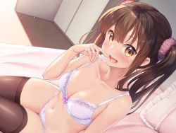  1girl bed bed_sheet black_thighhighs bow bow_panties bra breasts brown_eyes brown_hair cleavage collarbone finger_to_mouth game_cg hair_ornament hair_scrunchie highres indoors long_hair looking_at_viewer lower_teeth_only medium_breasts navel nullken on_bed open_mouth original panties pillow purple_bra purple_panties scrunchie sidelocks sitting smile solo teeth thighhighs twintails underwear underwear_only 