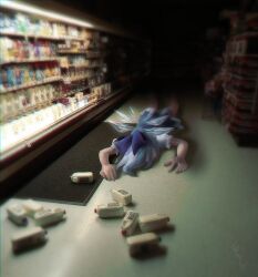  1girl blue_bow blue_dress blue_hair bottle bow cirno commentary dress fallen_down hair_bow indoors milk_bottle night puffy_short_sleeves puffy_sleeves short_sleeves skullchimes solo supermarket touhou 