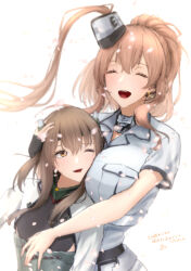  2girls absurdres blush breast_pocket breasts brown_eyes brown_hair closed_eyes commentary_request dress hair_between_eyes hair_ornament headband headgear highres kantai_collection long_hair multiple_girls one_eye_closed open_mouth petals pocket ponytail saratoga_(kancolle) saratoga_mk_ii_(kancolle) short_sleeves shushan simple_background small_breasts smokestack_hair_ornament taihou_(kancolle) white_background white_dress 