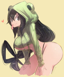 1girl animal_hood ass asui_tsuyu black_eyes black_hair boku_no_hero_academia breasts frog_hood highres hip_focus hood hoodie huge_ass large_breasts long_hair omiza_somi simple_background solo thick_thighs thighs thong tongue tongue_out underboob very_long_hair white_background wide_hips rating:Questionable score:39 user:Vardigiil