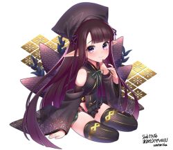  bare_shoulders black_hair black_kimono breasts brown_eyes closed_mouth commission hat highres japanese_clothes kimono long_hair long_pointy_ears pantyhose pointy_ears sen_no_rikyuu_(sengoku_bushouki_muramasa) sengoku_bushouki_muramasa sitting skeb_commission small_breasts smile thighs wotori 