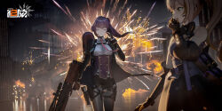  2girls bare_shoulders black_pantyhose blonde_hair breasts building bullpup character_request closed_eyes closed_mouth copyright_name earpiece elbow_gloves explosion fingerless_gloves fireworks girls&#039;_frontline_2:_exilium gloves gun handgun highres holding holding_gun holding_weapon logo long_hair multiple_girls necktie night official_art orange_eyes pantyhose purple_hair rifle second-party_source sniper_rifle wa2000_(girls&#039;_frontline) walther walther_wa_2000 weapon 