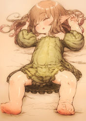 1girl bare_shoulders barefoot brown_hair child closed_eyes dress eyebrows feet feral_lemma frilled_dress frilled_sleeves frills full_body green_dress long_hair lying on_back open_mouth original pointy_ears sleeping solo rating:Sensitive score:86 user:danbooru