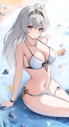  1girl ahoge beach bikini black_hair black_wristband blue_eyes breasts cleavage commentary firefly_(honkai:_star_rail) hair_between_eyes hair_ornament highres honkai:_star_rail honkai_(series) jewelry knees_out_of_frame large_breasts long_hair looking_at_viewer multicolored_eyes navel necklace no_pants no_shirt parted_lips partially_submerged pink_eyes ring ring_necklace rubber_duck sand side-tie_bikini_bottom sidelocks sitting solo stomach swimsuit symbol-only_commentary thigh_strap white_bikini white_hair yeni1871 