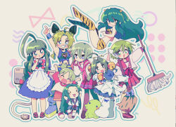 ! 1boy 6+girls :3 ^_^ ahoge android animal_hat animal_print apron arm_behind_back arms_up back_bow bell belt bent_over between_legs bikini black_hair blue_bow blue_dress blue_eyes blue_sailor_collar blue_skirt blunt_bangs blush blush_stickers boots bow bowtie braid bright_pupils broom brown_footwear brown_pants cat_girl cat_hat cat_tail chibi churuya closed_eyes color_connection commentary cone_hair_bun cone_horns crossover dejiko di_gi_charat dress english_commentary floating frilled_apron frills from_side full_body gloves green_belt green_eyes green_hair green_theme hair_bell hair_bow hair_bun hair_color_connection hair_ornament hand_between_legs hand_on_own_hip hat head_tilt heart highres holding holding_broom holding_mop horns iwasaki_minami jojo_no_kimyou_na_bouken kita_high_school_uniform kitchupsandwich knee_boots kneehighs koiwai_yotsuba kuchipatchi kuujou_jolyne loafers long_hair long_sleeves looking_at_viewer lucky_star lum maid maid_apron me-tan midriff mop multi_(to_heart) multicolored_hair multiple_crossover multiple_girls navel_piercing neck_ribbon neckerchief oni open_mouth os-tan pants pantyhose parted_lips paw_shoes piercing pink_neckerchief pleated_skirt pointing pointing_up puffy_short_sleeves puffy_sleeves raglan_sleeves red_bow red_bowtie red_footwear red_ribbon red_sailor_collar red_skirt red_sleeves ribbon robot_ears ryouou_school_uniform sailor_collar school_uniform serafuku shirt shoes short_hair short_sleeves shorts sidelocks single_blush_sticker single_braid skirt smile sneakers socks solid_circle_eyes spider_web_print star_(symbol) stone_ocean strapless strapless_bikini summer_uniform suzumiya_haruhi-chan_no_yuuutsu suzumiya_haruhi_no_yuuutsu swimsuit tail tamagotchi thighhighs tiger_print to_heart_(series) to_heart_2 twin_braids two-tone_hair urusei_yatsura usb very_long_hair white_apron white_gloves white_shirt white_socks yellow_thighhighs yotsubato!