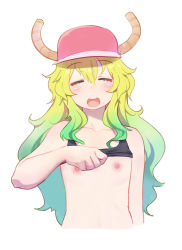  1girl absurdres alternate_breast_size bare_arms clothes_lift closed_eyes flat_chest gorgeous_mushroom hat highres horns kobayashi-san_chi_no_maidragon long_hair lucoa_(maidragon) multicolored_hair nipples shirt_lift solo tagme third-party_edit  rating:Questionable score:53 user:Azriel.Jale