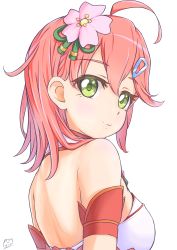  1girl absurdres ahoge armband armpits bare_back bare_shoulders breasts cherry_blossoms closed_mouth flower from_behind green_eyes hair_ornament hairclip highres hololive looking_at_viewer medium_hair nontraditional_miko pink_hair sakura_miko sakura_miko_(old_design) shoulder_blades signature smile solo trp_556 upper_body virtual_youtuber white_background 