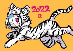  1girl 2022 animal_costume animal_print blue_hair blush chinese_zodiac disgaea fang full_body hair_over_one_eye harada_takehito looking_at_viewer open_mouth orange_background original pleinair red_eyes short_hair simple_background solo tiger_costume tiger_print year_of_the_tiger 