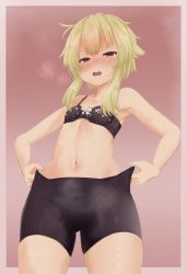 1girl armpits ayaki_fuyuka bike_shorts black_bra blonde_hair blush border bow bow_bra bra breasts breath brown_eyes cameltoe cowboy_shot embarrassed female_focus floral_print from_below gradient_background half-closed_eyes loli looking_at_viewer navel open_mouth original pee peeing peeing_self red_background shiny_skin short_hair short_hair_with_long_locks sidelocks simple_background skindentation small_breasts solo standing steam tears teeth underwear underwear_only wet wet_clothes white_border yarareimu rating:Questionable score:28 user:AngryZapdos