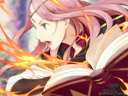  1girl black_gloves book circle fire fire frederica_aesfrost gloves green_eyes highres holding holding_book looking_away magic open_mouth pink_hair shikimiorange solo triangle_strategy twitter_username upper_body 