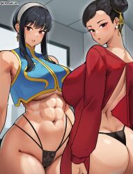  2girls abs absurdres ass back bare_arms bare_hips black_hair breasts brown_hair butt_crack cameltoe capcom chun-li chun-li_(cosplay) cosplay cromwellb double_bun dress earrings groin hair_bun hairband highleg highleg_panties highres jewelry large_breasts long_hair long_sleeves looking_at_viewer mature_female multiple_girls muscular muscular_female panties red_eyes red_sweater sidelocks sleeveless spy_x_family street_fighter sweat sweater tall thighs thong toned underboob underwear white_hairband window yor_briar yor_briar_(cosplay)  rating:Questionable score:109 user:danbooru