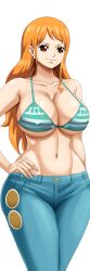  1girl absurdres bikini bikini_top_only breasts cleavage curvy denim hand_on_own_hip highres jeans large_breasts legs midriff nami_(one_piece) navel one_piece pants pinkpawg smile solo swimsuit thick_thighs thighs toned wide_hips 