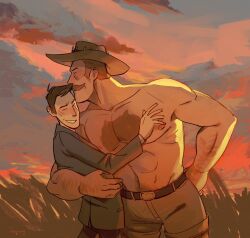  2boys abs arm_hair bara black_hair blonde_hair blush citrus0lemon closed_eyes couple cowboy_hat cowboy_shot formal hat highres kiss kissing_forehead large_pectorals long_sideburns male_focus mature_male mr._bidwell multiple_boys muscular muscular_male outdoors pectorals saxton_hale short_hair sideburns size_difference smile suit sunset team_fortress_2 thick_chest_hair thick_mustache topless_male yaoi 