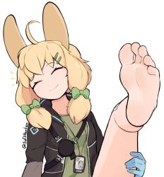  1girl ahoge animal_ears arknights bandaid bandaid_on_knee bandaid_on_leg barefoot black_jacket blonde_hair blue_gloves bow closed_eyes closed_mouth feet foot_focus foreshortening gloves green_bow green_shirt hair_bow hair_ornament hairclip hand_on_own_thigh head_tilt jacket kroos_(arknights) leg_up legs open_clothes open_jacket rabbit_ears rabbit_girl shadow shirt sidelocks simple_background smile softhanten soles solo toes twitter_username white_background  rating:Sensitive score:100 user:danbooru