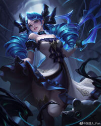 1girl absurdres arm_tattoo artist_name bare_shoulders black_gloves blue_eyes blue_hair bow chinese_commentary clothes_lift collarbone cowboy_shot dress dress_lift fantuan fog gloves gwen_(league_of_legends) hair_between_eyes hair_bow hair_ornament hairclip highres holding holding_scissors league_of_legends lolita_fashion looking_at_viewer night parted_lips scissors signature smile solo standing standing_on_one_leg stuffed_animal stuffed_toy tattoo teddy_bear rating:Sensitive score:15 user:danbooru