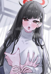  1boy 1girl :o black_hair blue_archive blush breasts breath bright_pupils deep_skin drooling grabbing grabbing_another&#039;s_breast grabbing_another's_breast guided_breast_grab guiding_hand halo hetero highres holding_another&#039;s_wrist huge_breasts indoors long_hair long_sleeves looking_at_viewer pov pov_hands red_eyes rio_(blue_archive) saliva straight_hair sweat sweater tongue tongue_out turtleneck turtleneck_sweater upper_body very_long_hair white_pupils white_sweater yuki_(asayuki101) 
