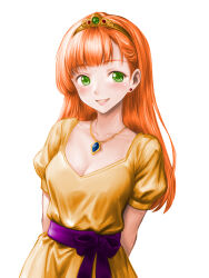  1girl :d arms_behind_back blue_gemstone bow breasts cleavage collarbone dragon_quest dragon_quest_i dress earrings gem gold_necklace green_eyes green_gemstone highres jewelry long_hair medium_breasts minamoto80486 necklace open_mouth orange_hair princess princess_laura puffy_short_sleeves puffy_sleeves purple_bow purple_sash red_gemstone sash sash_bow short_sleeves smile solo straight_hair tiara yellow_dress 