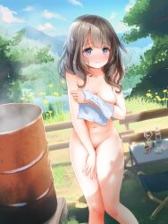 1girl :| barrel blue_eyes blue_sky blush bottle breasts brown_hair camping closed_mouth cloud coffee_mug commentary_request completely_nude covering_privates covering_breasts covering_crotch cup drinking_glass drum_(container) dutch_angle embarrassed feet_out_of_frame fence flower foliage gloves hair_between_eyes highres knees_together_feet_apart lantern leaning_forward looking_at_viewer medium_breasts medium_hair mountain mountainous_horizon mug nose_blush nude original outdoors paid_reward_available raised_eyebrows sky standing steam table tachiinu translation_request wash_cloth water_bottle wavy_hair wavy_mouth white_gloves wine_glass wooden_fence yellow_flower rating:Questionable score:118 user:danbooru