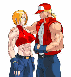  1boy 1girl abs belt blonde_hair blue_eyes blue_mary breasts daigos_the_awfulian denim fingerless_gloves gloves hat impossible_clothes impossible_shirt jeans muscular pants ponytail red_headwear red_shirt shirt short_hair snk spandex terry_bogard the_king_of_fighters  rating:Sensitive score:30 user:spiderzombie
