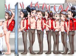  1boy 6+girls age_difference ass backpack bag blush bow breasts cameltoe censored choker cleft_of_venus doctor embarrassed fingering fishnet_pantyhose fishnets flat_chest full_body functionally_nude glasses higegepon huge_filesize loli multiple_girls pantyhose pussy_inspection rabbit_ears randoseru see-through small_breasts smile standing striped_bow tagme thighs third-party_edit 