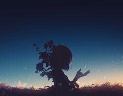 1girl backlighting cloud crescent_moon dusk flower grass highres light_particles moon nature short_hair silhouette sky y_y_(ysk_ygc) rating:General score:7 user:a-human