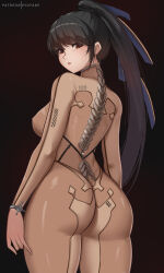  1girl ass barcode black_background black_hair bodysuit commentary copyright_name cowboy_shot eve_(stellar_blade) from_behind highres hioyami long_hair looking_at_viewer looking_back parted_lips ponytail red_eyes skin_suit_(stellar_blade) solo spine standing stellar_blade thighs very_long_hair  rating:Questionable score:23 user:danbooru