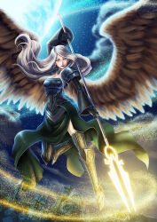  1girl angel angel_wings armor armored_boots avacyn bident black_gloves black_lips blonde_hair bodice boots breasts choker cityscape cloud cloudy_sky dress feathered_wings flying full_body gloves glowing glowing_weapon green_dress holding holding_polearm holding_weapon light_particles long_hair looking_at_viewer magic magic:_the_gathering medium_breasts moon nakazawa_dousan night night_sky polearm shoulder_armor sky smile solo star_(sky) starry_sky weapon white_eyes wings 