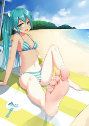 1girl aqua_eyes aqua_hair arm_support barefoot beach bikini breasts character_name cloud day feet flan_(seeyouflan) foot_focus foreshortening full_body hand_fan hatsune_miku highres long_hair looking_at_viewer medium_breasts navel open_mouth outdoors paper_fan sitting sky smile soles solo striped_bikini striped_clothes swimsuit toenails toes twintails uchiwa very_long_hair vocaloid water rating:Sensitive score:144 user:danbooru