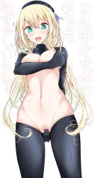 10s 1girl :d alternate_costume atago_(kancolle) bad_id bad_twitter_id beret black_gloves black_hat black_legwear blonde_hair blush breast_hold breasts cleavage covering_crotch covering_privates cowboy_shot detached_collar elbow_gloves from_below gloves green_eyes groin hat highres kantai_collection long_hair looking_at_viewer navel nontraditional_school_swimsuit oouso open_mouth reverse_outfit reverse_school_swimsuit reverse_swimsuit school_swimsuit simple_background smile solo stomach sweat swimsuit topless translated very_long_hair white_background rating:Questionable score:44 user:danbooru