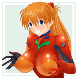  1girl adapted_costume alternate_breast_size blue_eyes blush bodysuit border breasts brown_hair grin hair_ornament highres large_breasts long_hair looking_at_viewer naughty_face neon_genesis_evangelion nipples open_mouth pixiv1478062 plugsuit red_bodysuit shiny_clothes shiny_skin skin_tight smile solo souryuu_asuka_langley teeth two_side_up upper_body very_long_hair white_border  rating:Questionable score:10 user:fakyuh
